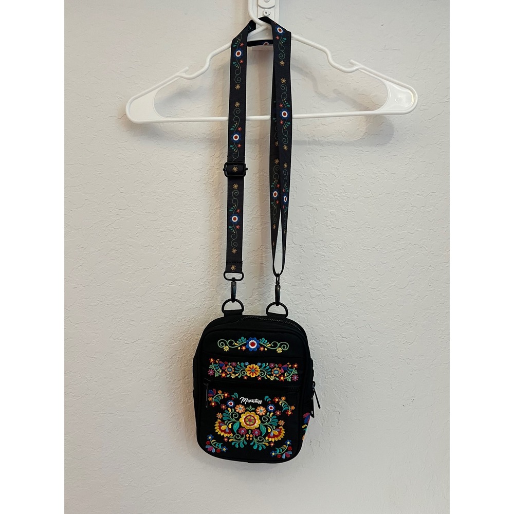 Mexistuff Otomi Embroidered Crossbody Bag Black Floral Tumbler Strap Small Purse